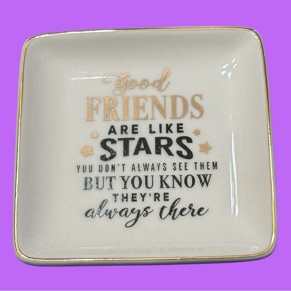 NWT White Ceramic Jewelry/Keys/Trinket Dish With Black & Gold Good Friends